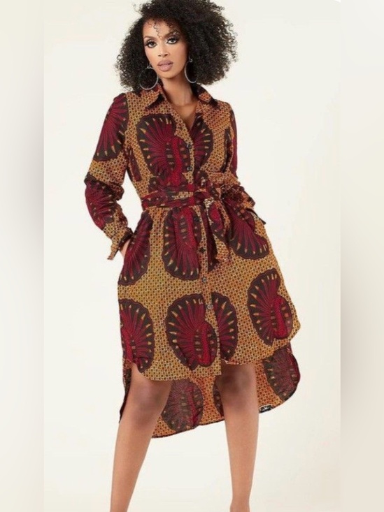 Grass-Fields Dresses & Skirts - Grass-Fields Ankara African Belted Shirt Dress Long Sleeve Pockets Boho Size 10